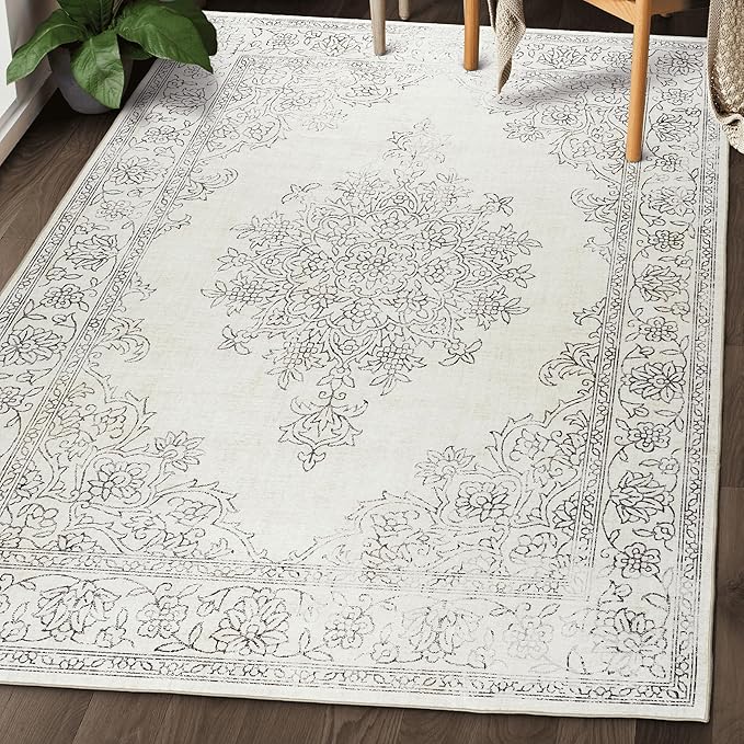 ReaLife Rugs Machine Washable Area Rug - Living Room Bedroom Bathroom Kitchen Entryway Office - Padded Low Pile Stain Resistant Premium - Boho Farmhouse Vintage - Paige - Ivory 4' x 6'