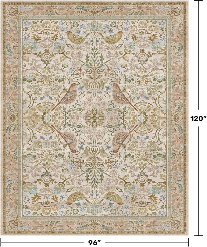 Washable Living Room Rug 8x10 - Country Style Beige Floral Area Rugs for Bedroom Under Bed, Dining Room Table Rug, Stain Resistant Non-Slip Neutral Farmhouse Décor with Light Blue and Green Accent