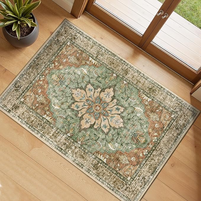 Area Rugs 2'x3' Washable Non-Slip, Floral Vintage Distress Print Pattern Medallion Carpet for Living Room Bedroom Dining Room, Brick Red Rust Neutral Brown Burnt Orange Green