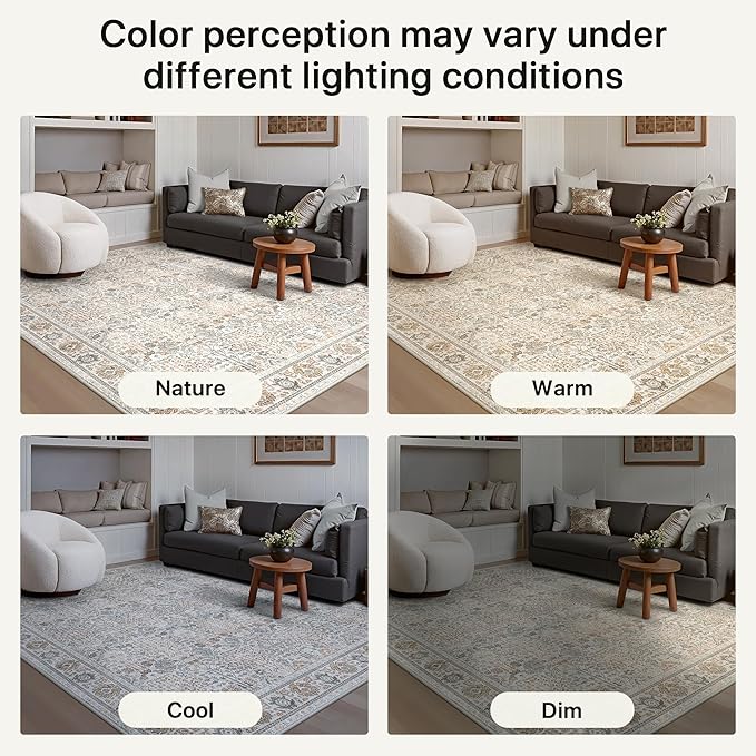 Bavni Washable Rugs 8x10-Machine Washable Rug Lightweight Low Pile, Vintage Floral Rug Non-Shedding Distressed Throw Carpet for Living Room Bedroom Office, Beige Gery