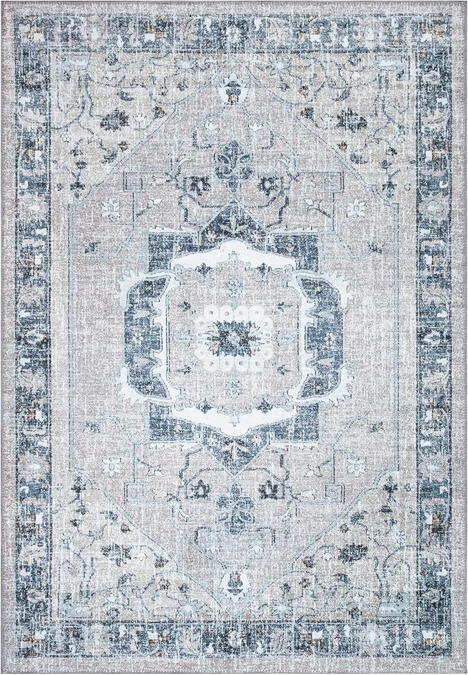 Bloom Rugs Washable Non-Slip 8' x 10' Rug - Pebble Gray/Blue Traditional Medallion Area Rug for Living Room, Bedroom, Dining Room, and Kitchen - Exact Size: 8' x 10'