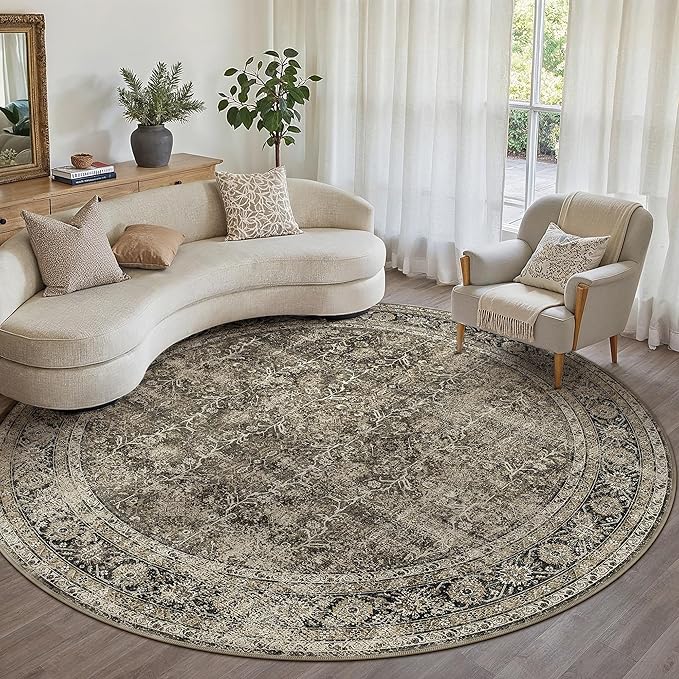 Brown Round Area Rug 6ft Washable 6x6 Circle Vintage Low Pile Indoor Large Kitchen Living Room Carpet Non Slip Traditional Distressed Retro Accent Throw Rug Office Dining Room