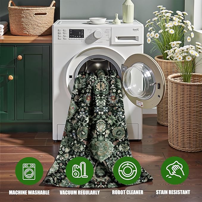 Dark Green Rug 3x5 Area Rug with Non-Slip Backing, Washable Rugs for Bedroom Living Room Kitchen, Distressed Carpet Printed Low-Pile Soft Dorm Rug Room Decor
