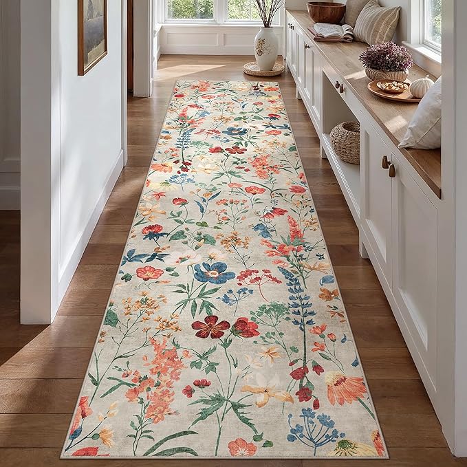 Floral Runner Rug 3x10 Washable Hallway Long Beige Bedroom Carpet Non Slip Indoor Boho Kitchen Low Pile Accent Rug Lightweight Soft for Bathroom Dining Laundry Living Room