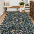 Vintage 4x6 Washable Entryway Rug, Blue & Green Floral Bird Woodland Rug, Non-Slip Low Pile Stain Resistant Carpet for Kitchen, Bedroom, Small Living Room