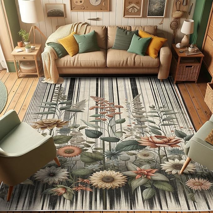 Ambesonne Botanical Decorative Rug, Nostalgic Garden Pattern with Flowers and Leaves on Retro Stripes, Quality Carpet for Bedroom Dorm and Living Room, 2' x 5', Sage Green and Salmon