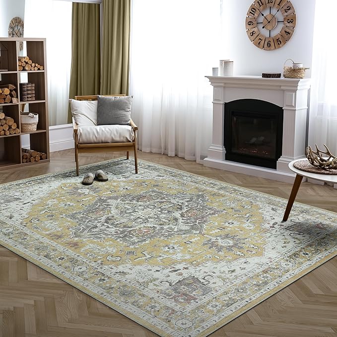Bloom Rugs Washable Non-Slip 9' x 12' Rug - Yellow Traditional Medallion Area Rug for Living Room, Bedroom, Dining Room, and Kitchen - Exact Size: 9' x 12'