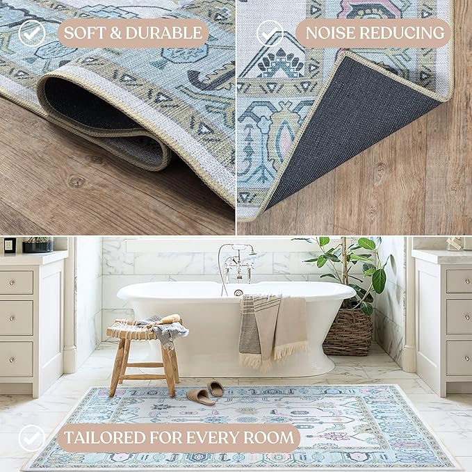 Fame Living Cream Green Oushak Runner Rug, Modern Runners, Vintage, Turkish, Eclectic, Floral, Pastel, Washable, Runner for Hallway, Kitchen, Bedroom, Bathroom, 2'5"x9'8"