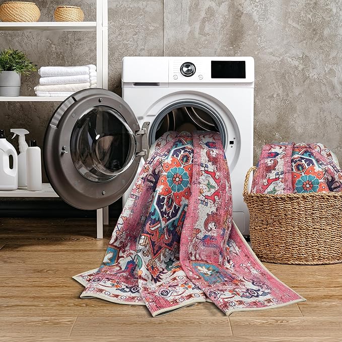 GLN Rugs Traditional Collection - Machine Washable Area Rug, Traditional Washable, Non Slip, Low Pile Chenille Rug, Living Room, Bedroom, Kitchen Rug (6' x 9' Pink/Multicolor)