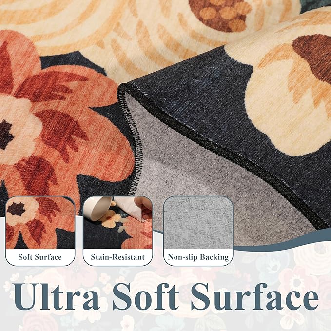 DUKINO 8x10 Area Rug, Floral Washable Rugs for Living Room with Non Slip Backing & Non-Shedding, Lightwight Low Pile Boho Design Large Carpets for Bedroom, Living Room, Dining Room, Navy Blue