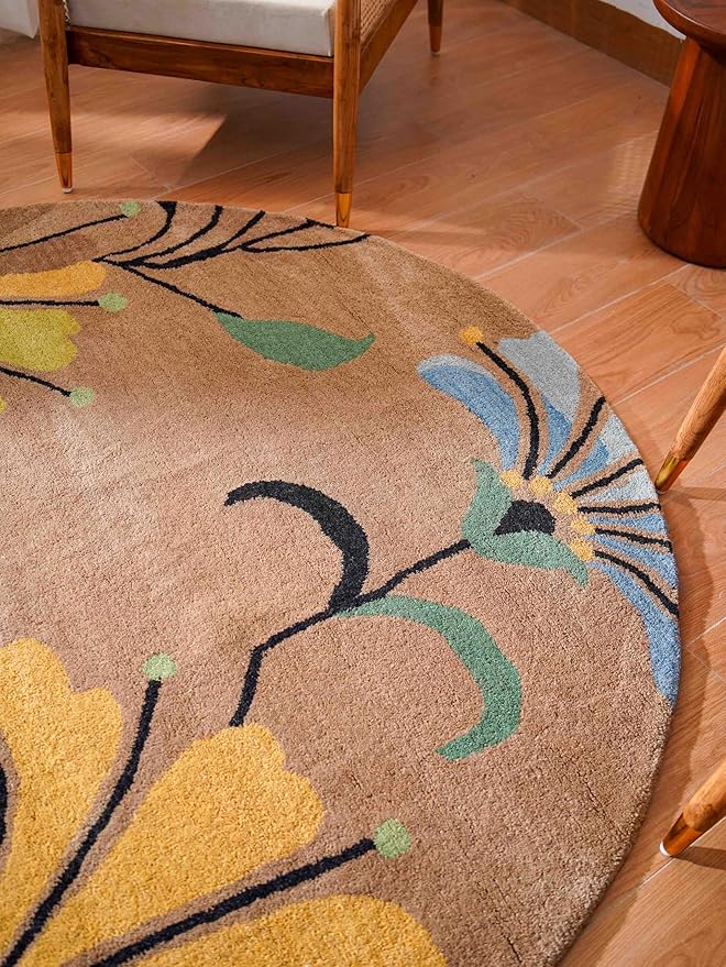 Rugsotic Carpets Hand Tufted Wool ECO-Friendly Area Rugs - 10'x10', Round Shape, Camel, Floral Modern Design, High Pile Thick Handmade Anti Skid Area Rugs for Living Room, Bed Room (K00219)
