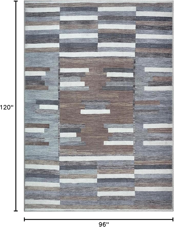 Bloom Rugs Washable Non-Slip 8' x 10' Rug - Blue/Brown Striped Area Rug for Living Room, Bedroom, Dining Room, and Kitchen - Exact Size: 8' x 10'