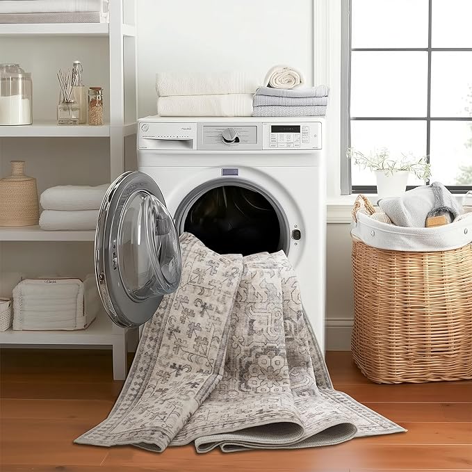 ReaLife Rugs Machine Washable Area Rug - Living Room Bedroom Bathroom Kitchen Entryway Office - Padded Low Pile Stain Resistant Premium - Boho Farmhouse Vintage - Paz - Beige Gray Ivory 2'6" x 6'
