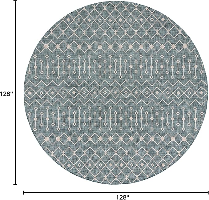 Unique Loom Outdoor Trellis Collection Area Rug - Tribal Trellis (10' 8" Round, Teal/ Ivory)