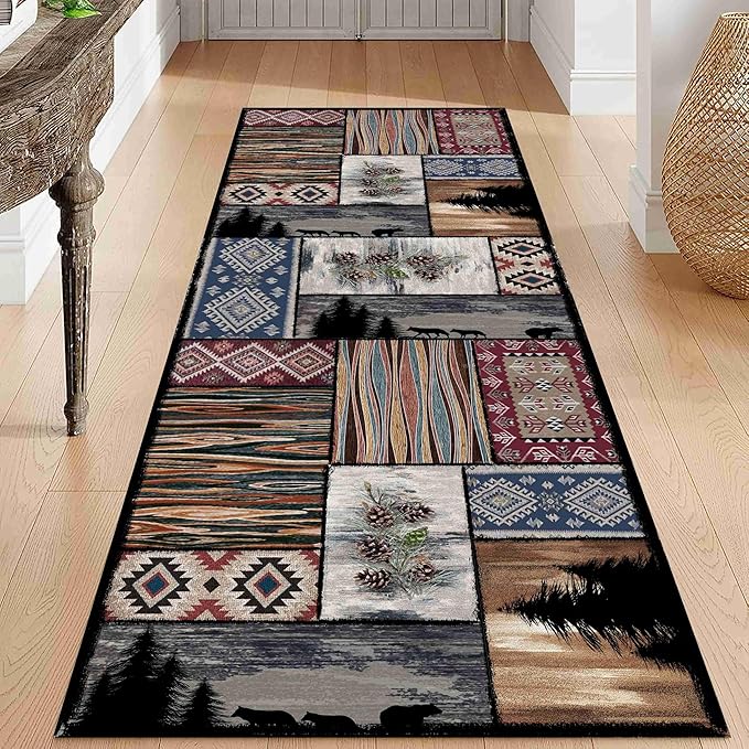 Rustic Country Woodland Rug, 2x6ft, Bohemian Forest Woodland Animal Bear Wolf Multicolor Country Rug, Southwestern Native American Hunting Hallway Carpet, Washable Fade Resistant Throw Rug