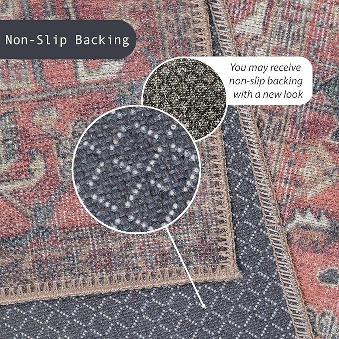GLN Rugs Traditional Collection - Machine Washable Area Rug, Traditional Washable, Non Slip, Low Pile Chenille Rug, Living Room, Bedroom, Kitchen Rug (2' x 3' Black/Terra)