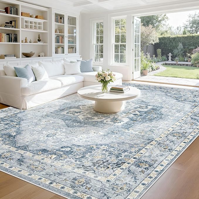 8x10 Area Rugs Washable Rugs for Living Room, Large Vintage Boho Rug Non-Slip Soft Floral Distressed Rug Low Pile Stain Resistant Carpet for Bedroom Nursery Office Dining Room Farmhouse(Blue, 8'x10')