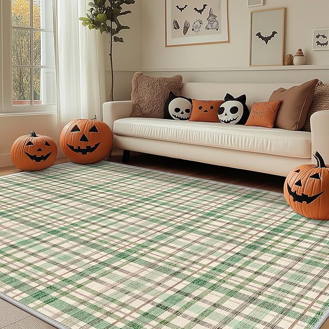 Bavni 3x5 Washable Rug Modern Plaid Area Rugs Non-Slip, Small Rugs for Hallway Throw Rugs Soft Low Pile Stain Resistant Bedroom, Living Room, Kitchen, Home Decor, Green Plaid