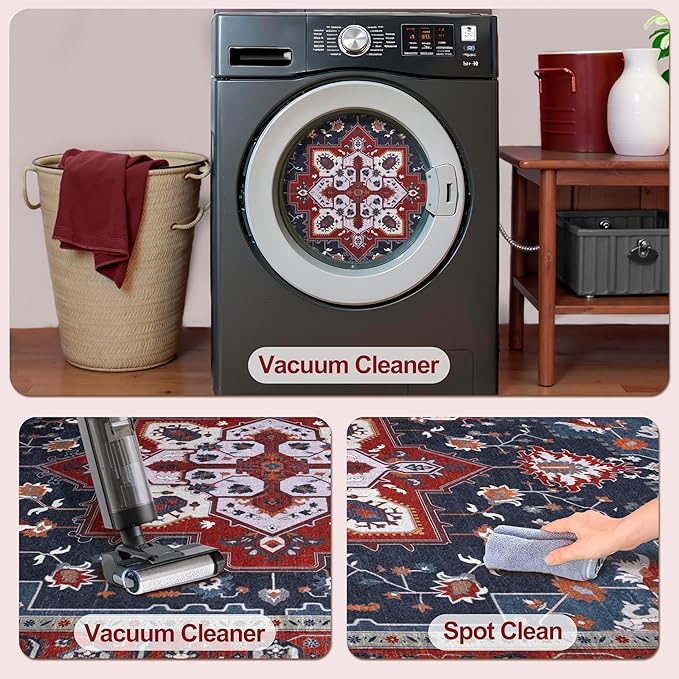 Tangsoo Oriental Red Rug 4x6 Washable Vintage Rugs Non Slip Indoor, Distressed Carpet for Living Room, Dining Room, Soft Low Pile Rugs Boho Foldable Floor for Bedroom Dorm Bedside Bathroom