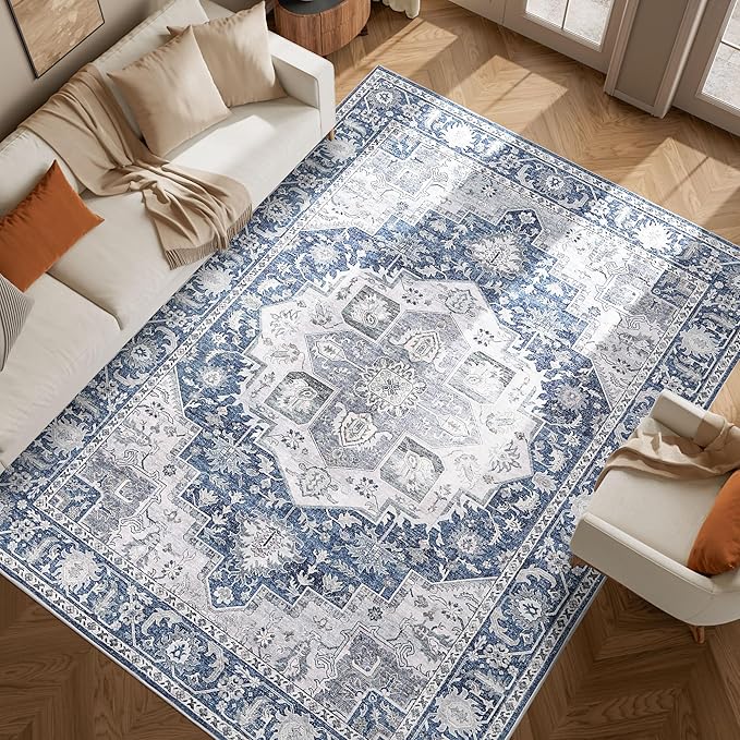 DUKINO 9x12 Rugs for Living Room, Soft Non-Slip Washable Area Rugs, Faux Wool Bedroom Rug with Non-Shedding, Indoor Low-Pile Boho Rugs for Dining Room, Home Office, Blue