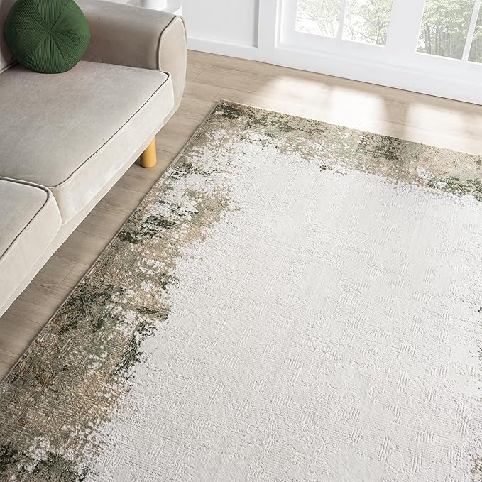 Abani Beige with Green Border Washable Area Rug – 2' x 3' – Classic Textured Design – Ivy Collection – Non-Shedding, Easy to Clean – Durable for High Traffic Areas – Living Room & Bedroom