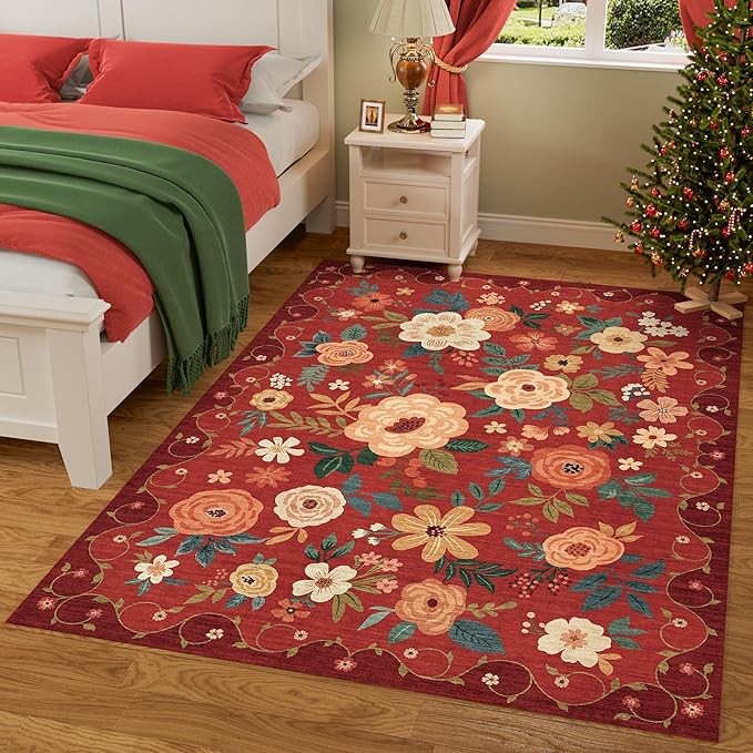 DUKINO 5x7 Area Rug, Floral Rugs for Living Room, Lightweight Non Slip Washable Rug, Indoor Low Pile & Non-Shedding Boho Design Rugs for Bedroom, Living Room, Dining Room, Red