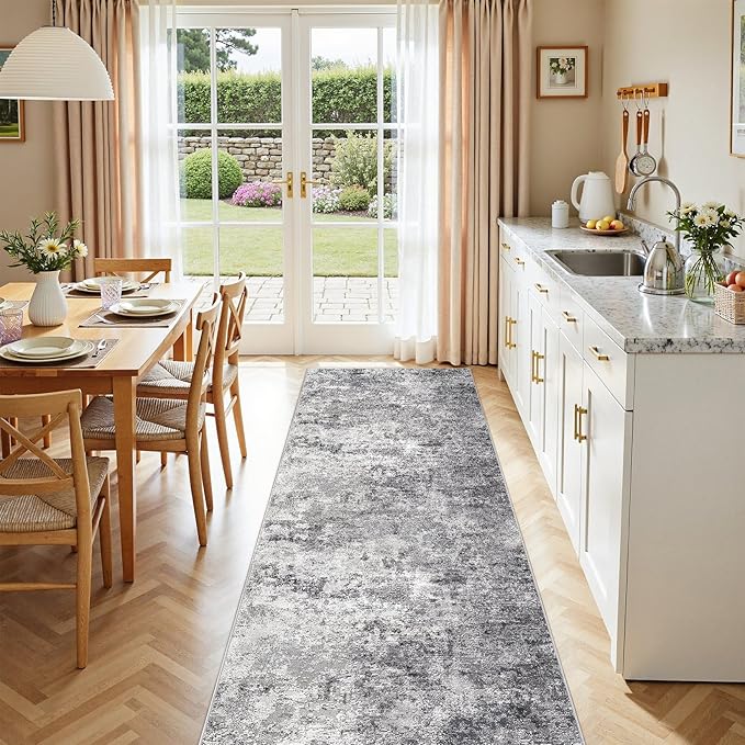 3X10 Washable Runner Rug for Hallway: Soft Neutral Modern Abstract Area Rug - Non-Slip Low Pile Long Throw Indoor Carpet for Kitchen Entryway Kitchen Bedroom Laundry - Grey