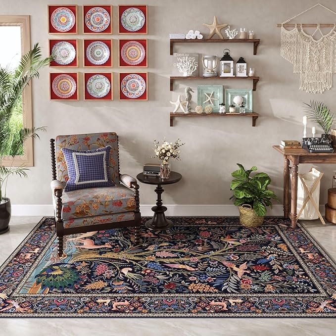 Rugcomf 3x5 Rug Vibrant Tree of Life-Patterned Vintage Non Slip Low Pile Small Carpet for Bedroom Bedside Kitchen Entryway Kids Room Office College Dorm Essentials for Girls, Blue