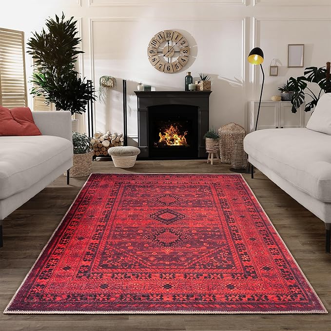 Bloom Rugs Washable Non-Slip 8' x 10' Rug - Red Traditional Bordered Area Rug for Living Room, Bedroom, Dining Room, and Kitchen - Exact Size: 8' x 10'