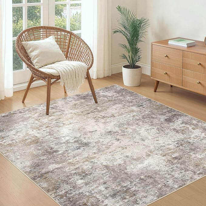 Square Area Rugs : Washable 5x5 Neutral Modern Abstract Carpet for Living Room Bedroom - Soft Floor Mat with Non Slip Backing for Kitchen Nursery Dorms Farmhouse Home Decor - Brown Grey