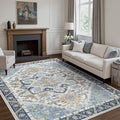 5x7 Area Rug Machine Washable Boho Rug for Living Room,Ultra-Thin Low Pile Carpet,Lightweight Indoor Printed Rug,Non Slip Floral Area Rug for Bedroom, Dining Room, Home Office,Blue