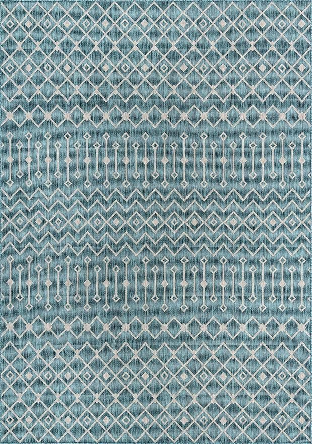 Unique Loom Outdoor Trellis Collection Area Rug - Tribal Trellis (10' x 14' 1" Rectangle, Teal/ Ivory)