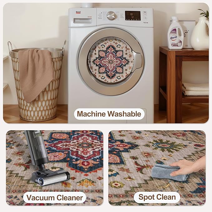 Tangsoo 2x6 Washable Runner Rug for Hallways, Non Slip Vintage Runner Rug, Soft Boho Low Pile Long Rug Runner, Carpet Runners for Kitchen Bedroom Entryway Bathroom Living Room Beige/Red