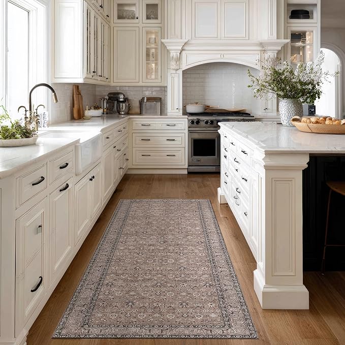 Kuden 2'6"x10 Runner Rug, Machine Washable Area Rug with Non-Slip Backing, Vintage Style, Soft, Easy Clean, Low Pile Rug for Hallway, Entryway, Kitchen, Bedroom