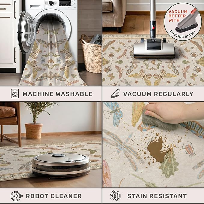 Beige Neutral Small Rugs for Bedroom - 3x4 Throw Rug for Large Entryway, Kitchen, Nursery Room, Insect Print Floral Non-Slip Accent Rug Low Pile Stain Resistant