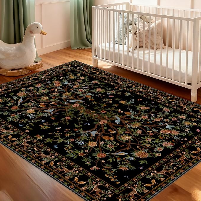 Black Area Rug 3x5 Washable, Non-Slip Small Rug Carpet, Floral Boho Low Pile Soft Throw Rugs for Entryway, Bedroom, Kids Room, Dorm, Office, Nursery, Vintage Home Decor