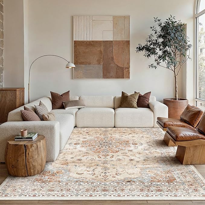 HUGEAR Machine Washable Area Rugs 5x7 Vintage Orange Living Room Bedroom Rug Neutral Style Non Slip Stain Resistant Low Pile Throw Carpet for Home Retro Aesthetic Modern Decor