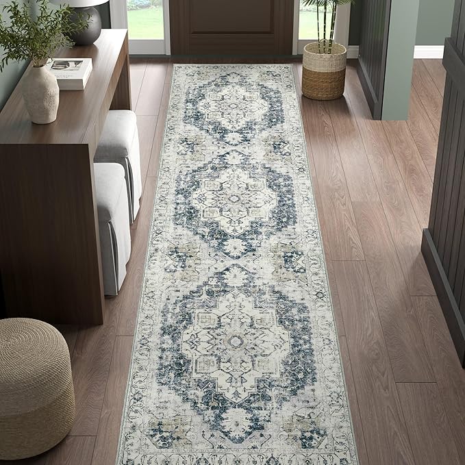 jinchan Kelda Runner Rug 3x10 Washable Rug Soft Hallway Runner Indoor Vintage Print Floor Cover Retro Distressed Lightweight Non-Slip Thin Carpet for Bathroom Kitchen Living Room Bedroom Grey