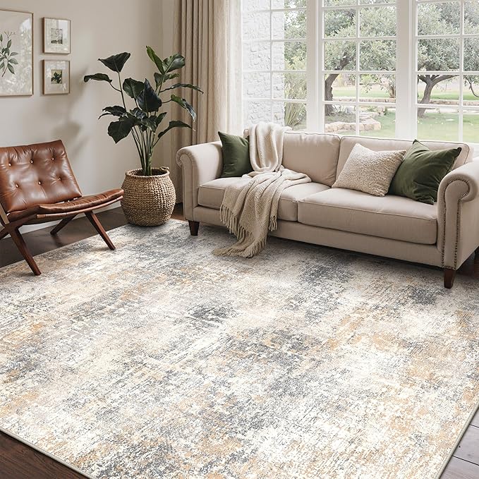 Bavni 9x12 Area Rugs Machine Washable Rug for Living Room, Modern Printed Rug Indoor Soft Area Rug for Bedroom Dining Room, Ultra-Thin Low Pile Carpet with Non Slip Rubber Backing, Beige Gray