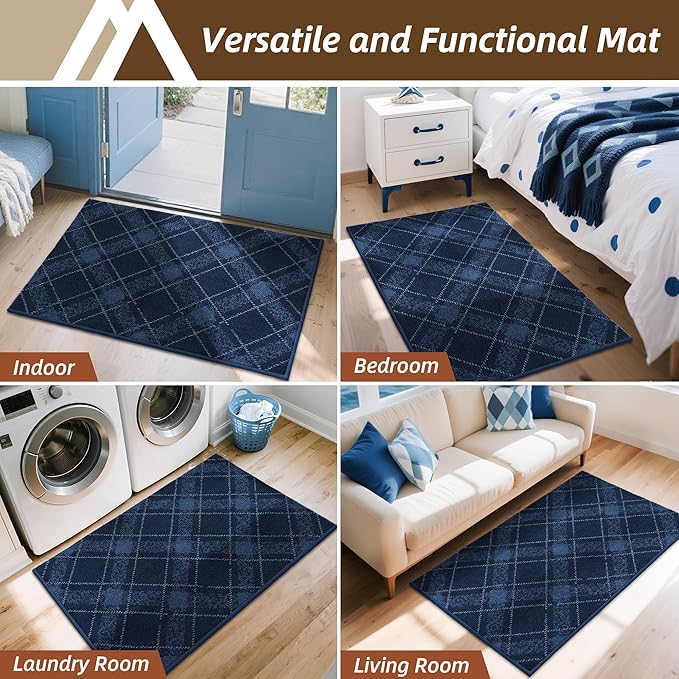 COSY HOMEER Plaid Door Mat 32" x 48",Dirt Trapper Entryway Rugs,Non-Slip Washable Farmhouse Doormat,Low Profile Welcome Mats for Paws Navy Blue