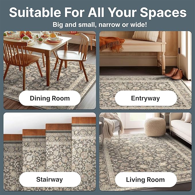 Well Woven Asha Rome Charcoal Brown 3'3" x 5' Area Rug - Oriental Floral Pattern, Easy Clean, Floor-Friendly Backing - for Living Room, Bedroom, and Dining Room