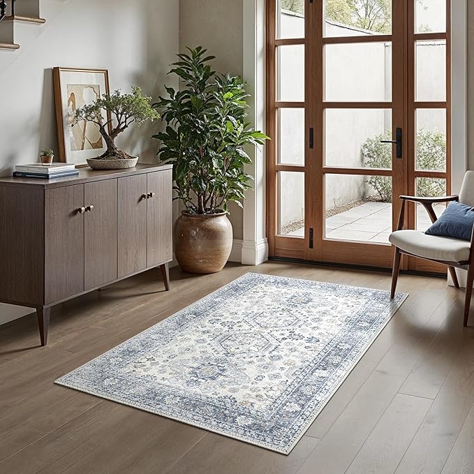 Bavni 3x5 Area Rug for Living Room Bedroom, Washable Boho Print Vintage Aesthetic Rug, Ultra-Thin Low Pile Rugs for Entryway Playroom with Non Slip Backing, Light Blue