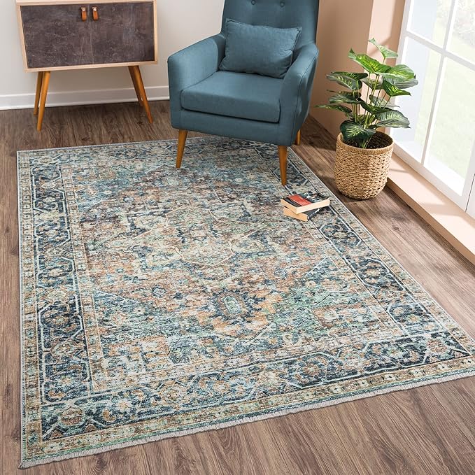 Bloom Rugs Caria Washable Non-Slip 5x7 Rug - Blue Green/Tangerine Traditional Area Rug for Living Room, Bedroom, Dining Room, and Kitchen - Exact Size: 5' x 7'