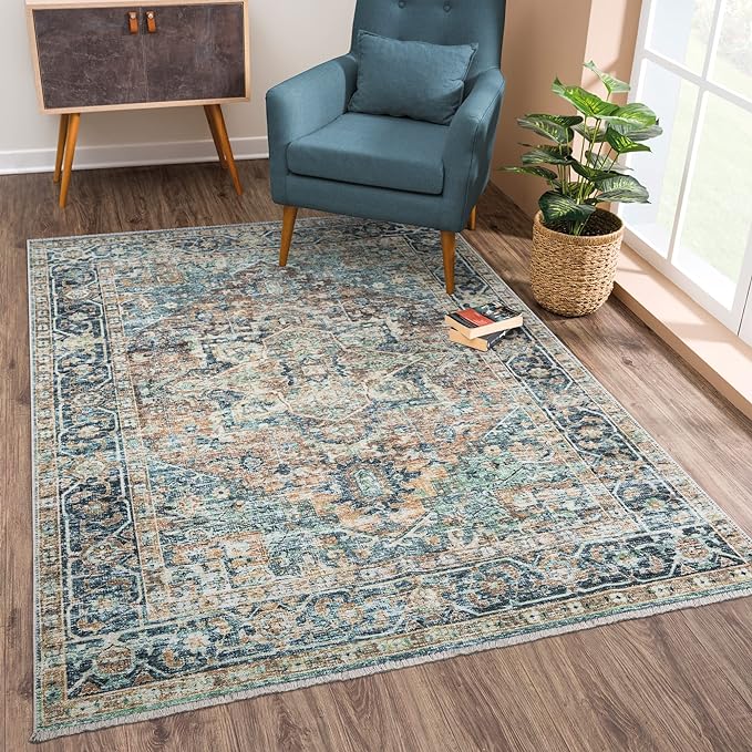 Bloom Rugs Caria Washable Non-Slip 8x10 Rug - Blue Green/Tangerine Traditional Area Rug for Living Room, Bedroom, Dining Room, and Kitchen - Exact Size: 7'8" x 10'