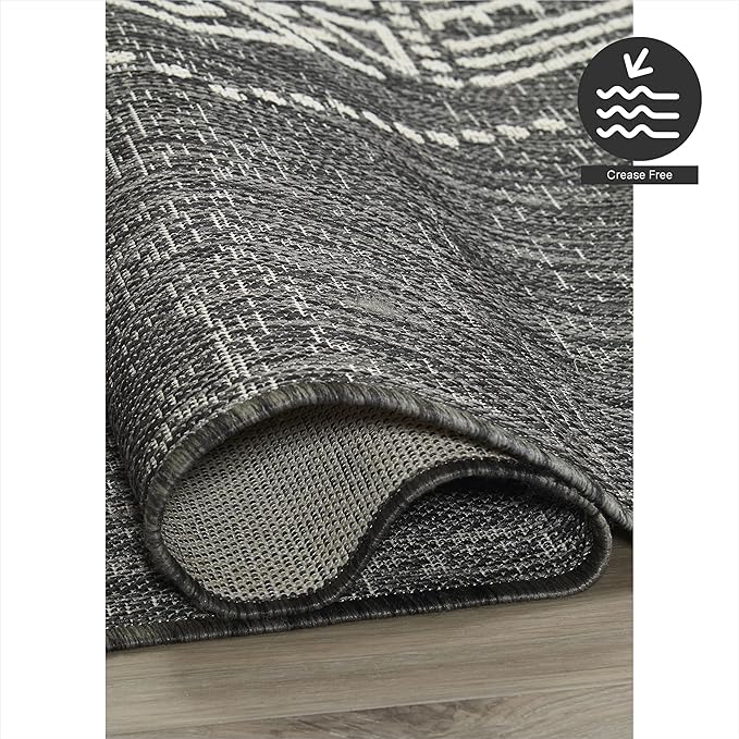 FH Home Flat Woven Outdoor Rug - Waterproof, Easy to Clean, Stain Resistant - Premium Polypropylene Yarn - Boho Moroccan - Large Patio, Deck, Sunroom - Ariana - Charcoal - 5ft 2in x 7ft 6in