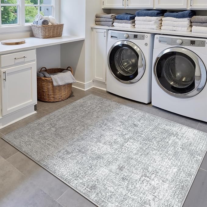 4x6 Area Rug Washable Vintage Entryway Living Room Carpet Indoor Office Non Slip Grey Entrance Distressed Low Pile Retro Accent Throw Rug for Dining Room Bathroom Bedroom Laundry