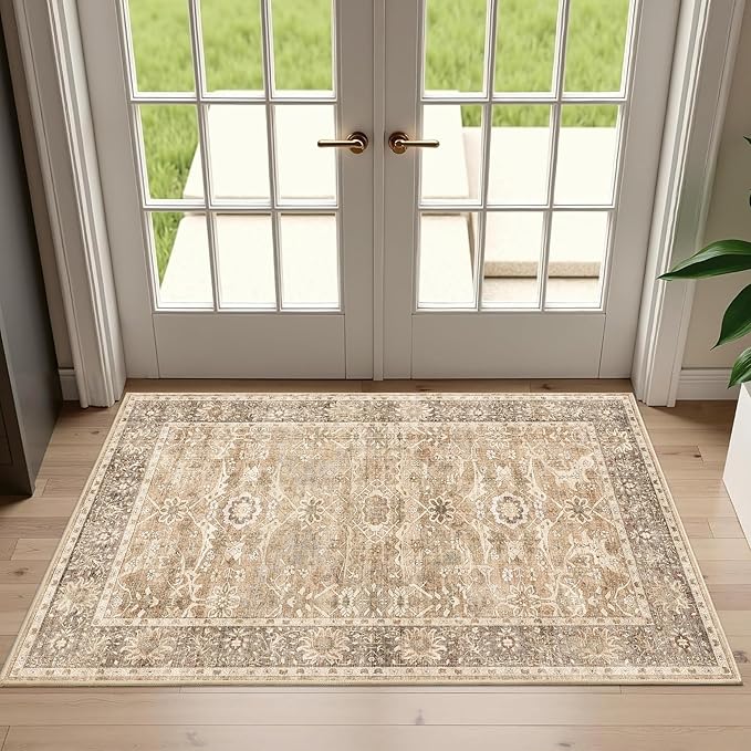 2x3 Entryway Rug Beige Washable Vintage Rugs for Entryway Kitchen Low Pile Non-Slip Door Mat Traditional Distressed Small Throw Area Rugs for Kitchen Entrance Bathroom Beige