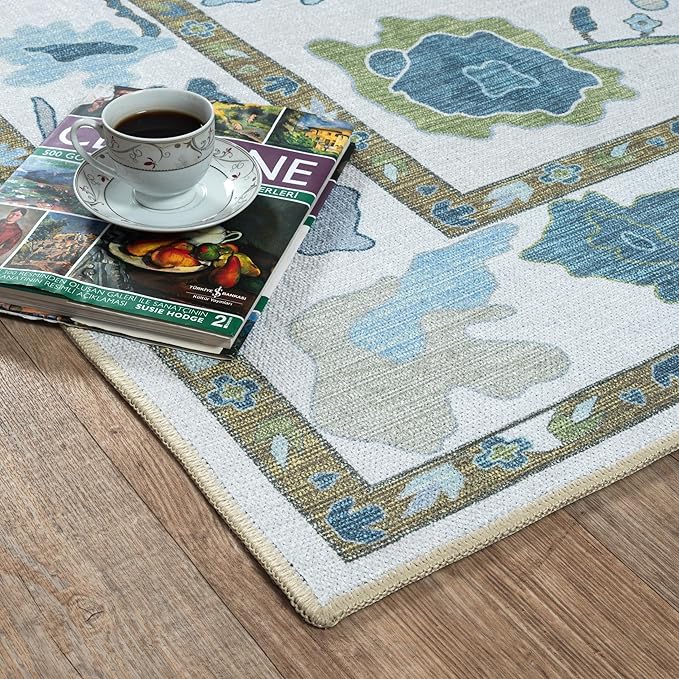 Fame Living Green Oushak Rug, Modern, Vintage, Turkish, Eclectic, Floral, Pastel, Washable, Extra Large Area Rugs for Living Room, Dining, Bedroom, Lounge, 9'x12'