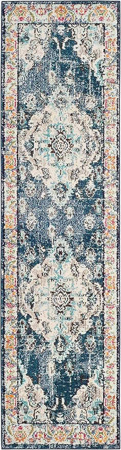 SAFAVIEH Monaco Collection Runner Rug - 2'2" x 10', Navy & Light Blue, Boho Chic Medallion Distressed Design, Non-Shedding & Easy Care, Ideal for High Traffic Areas in Living Room, Bedroom (MNC243N)