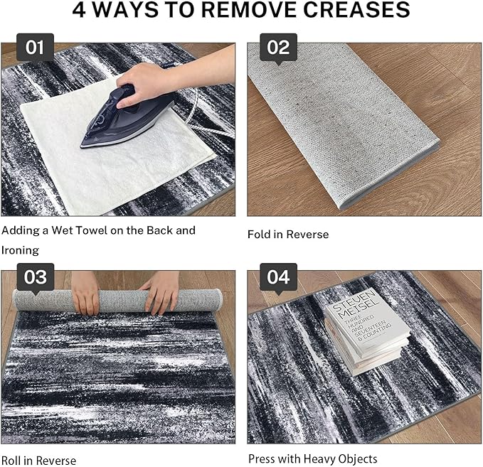 Modern Abstract Hallway Runner Rug, Black Grey Washable Entryway Runner Non-Slip Soft 2x8 Runner Rug Thin Print Faux Wool Carpet for Kitchen Bedroom Laundry Room Indoor Home Decor